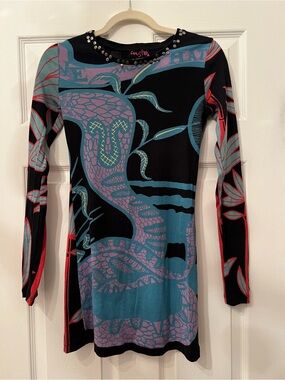 Custo Barcelona Mini Dress - Stud-Embellished Snake Print Long Sleeve